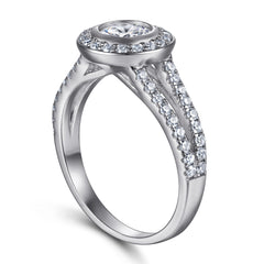 Round Zircon Soleste Halo Modern Split Shank Silver Ring