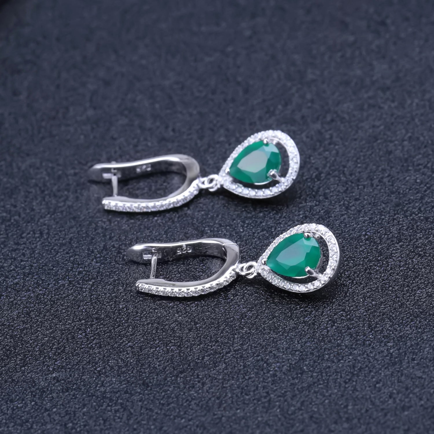 Natural Green Agate Fashion Soleste Halo Pear Shape Sterling Silver Drop Earrings for Women