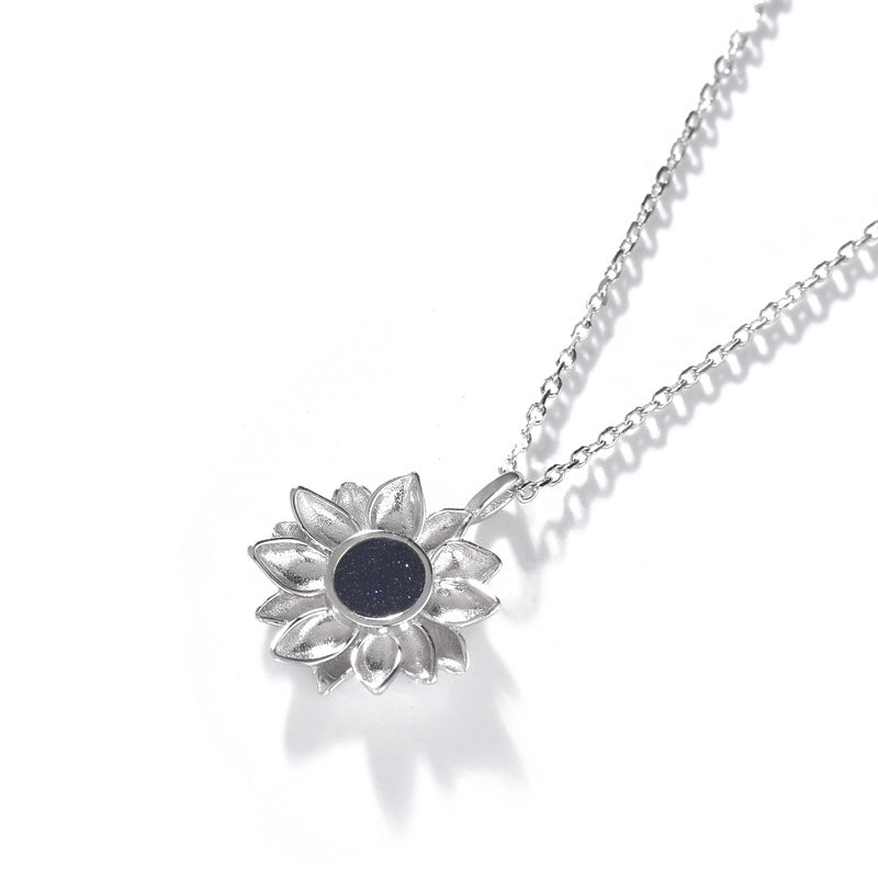 Blue Sandstone Sunflower Pendant Silver Necklace for Women