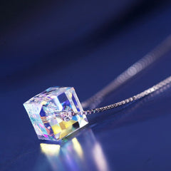 White Crystal Square Cube Pendant Silver Necklace for Women