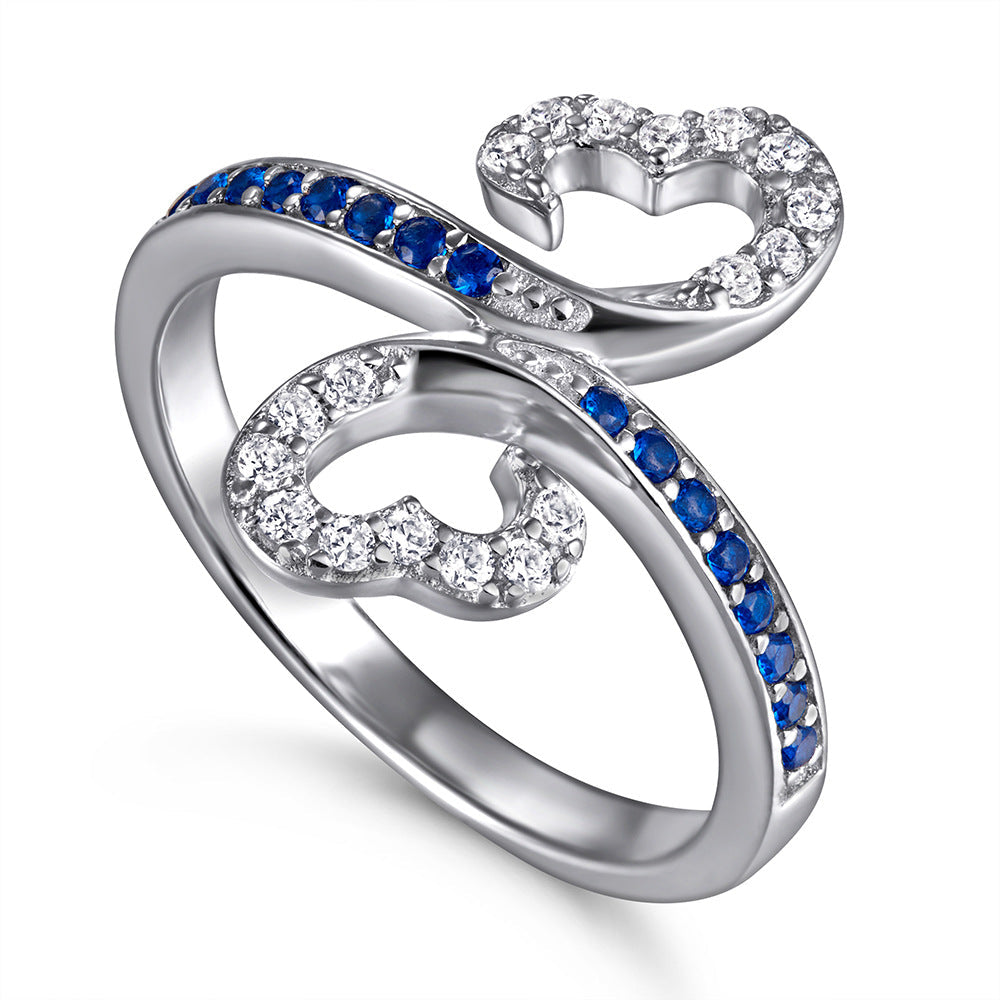 Royal Blue Zircon Exaggerated Two Hearts Silver Ring