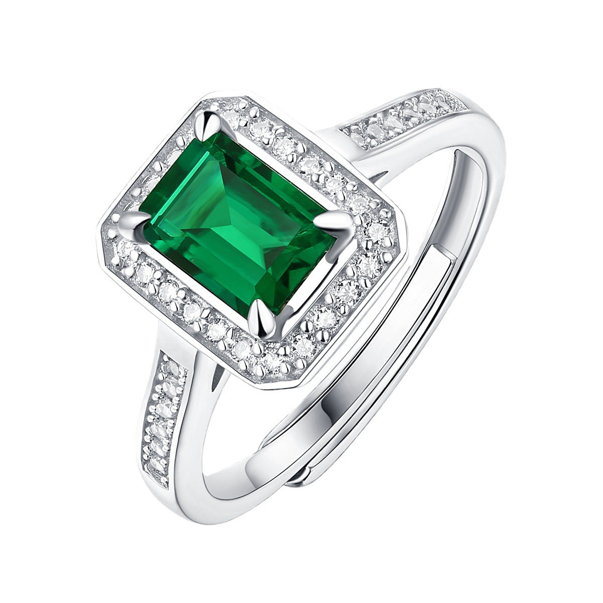 Vintage Rectangle Lab Created Emerald Silver Ring