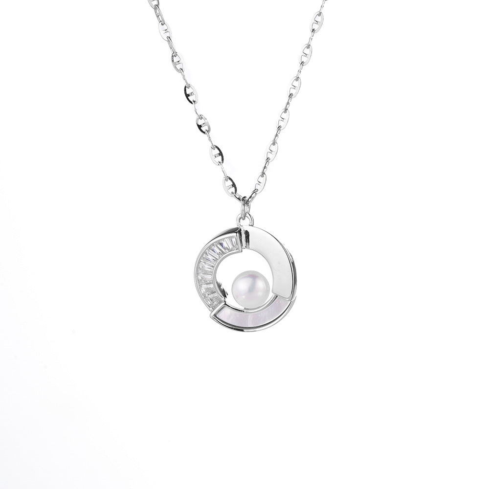 (Two Colours) White Zircon Circle Ring with Pearl Pendants Silver Collarbone Necklace for Women