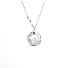 (Two Colours) White Zircon Circle Ring with Pearl Pendants Silver Collarbone Necklace for Women