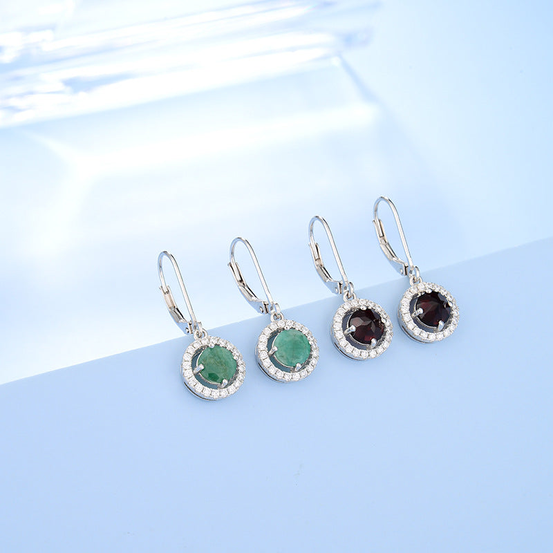 Soleste Halo Round Cut Natural Gemstone Silver Drop Earrings