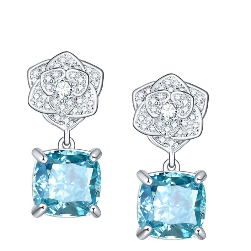 Square Sea Blue Zircon Camellia Drop Earrings