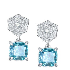 Square Sea Blue Zircon Camellia Drop Earrings