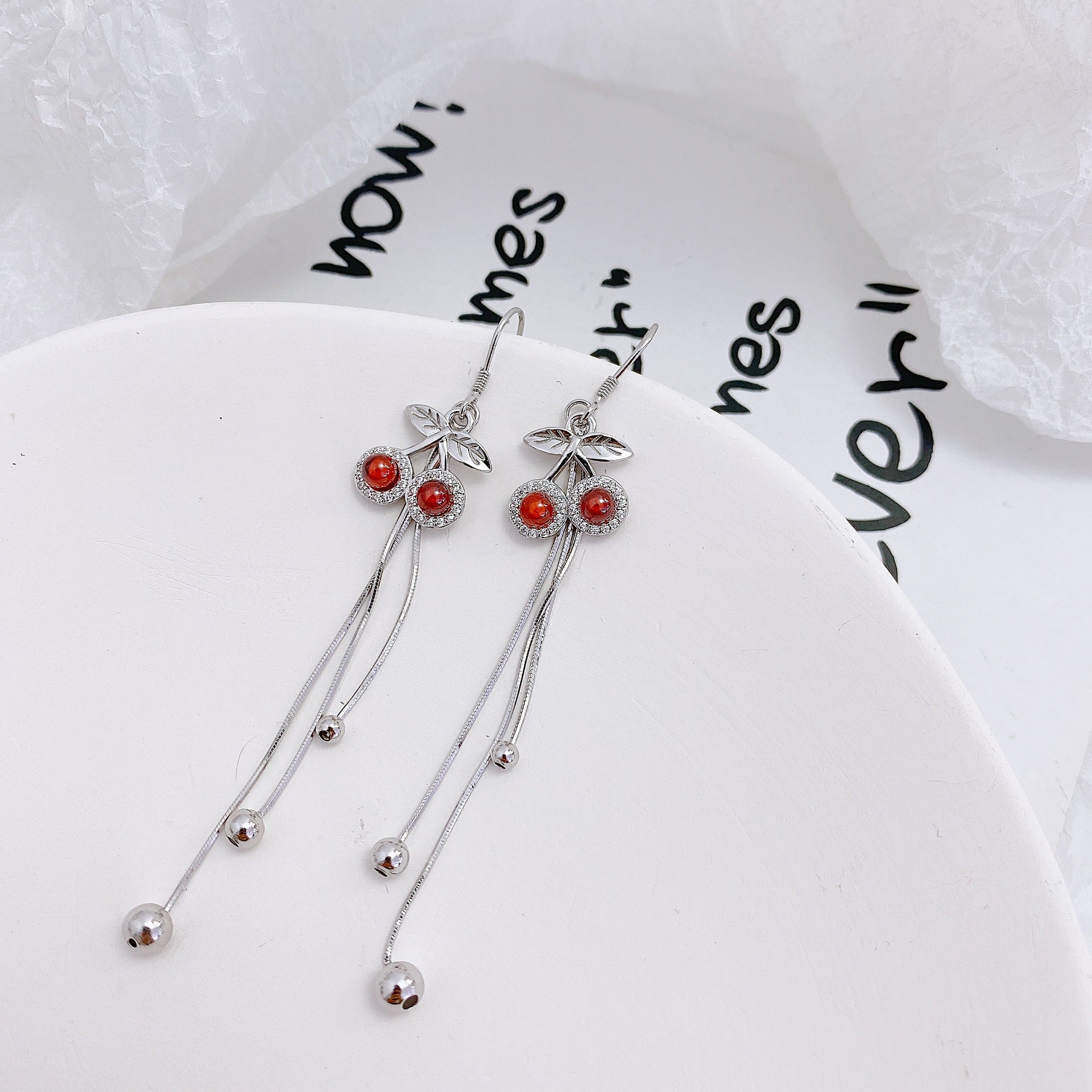 Garnet Cherry Tassel Silver Drop Earrings for Women