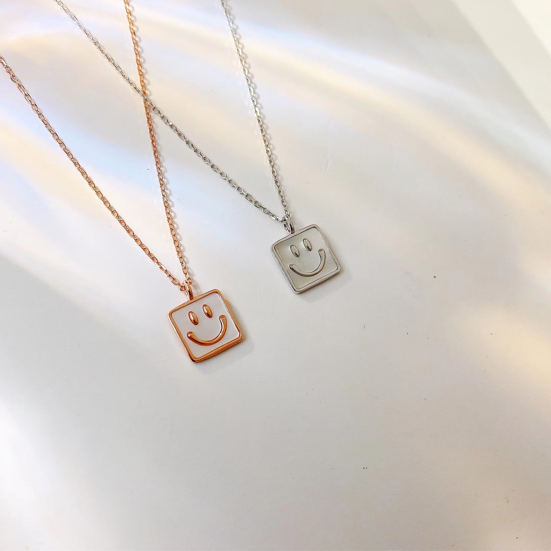 Smiley Face Square Pendant Silver Necklace for Women