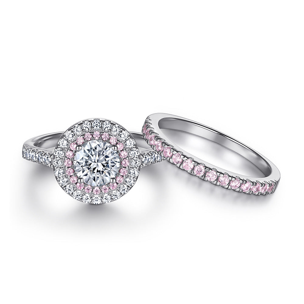 Round Zircon Double Soleste Halo with Half Eternity Pink Zircon Silver Ring Set