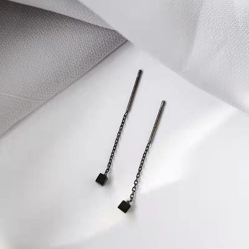 Small Square Ear Line Silver Drop Earrings for Women