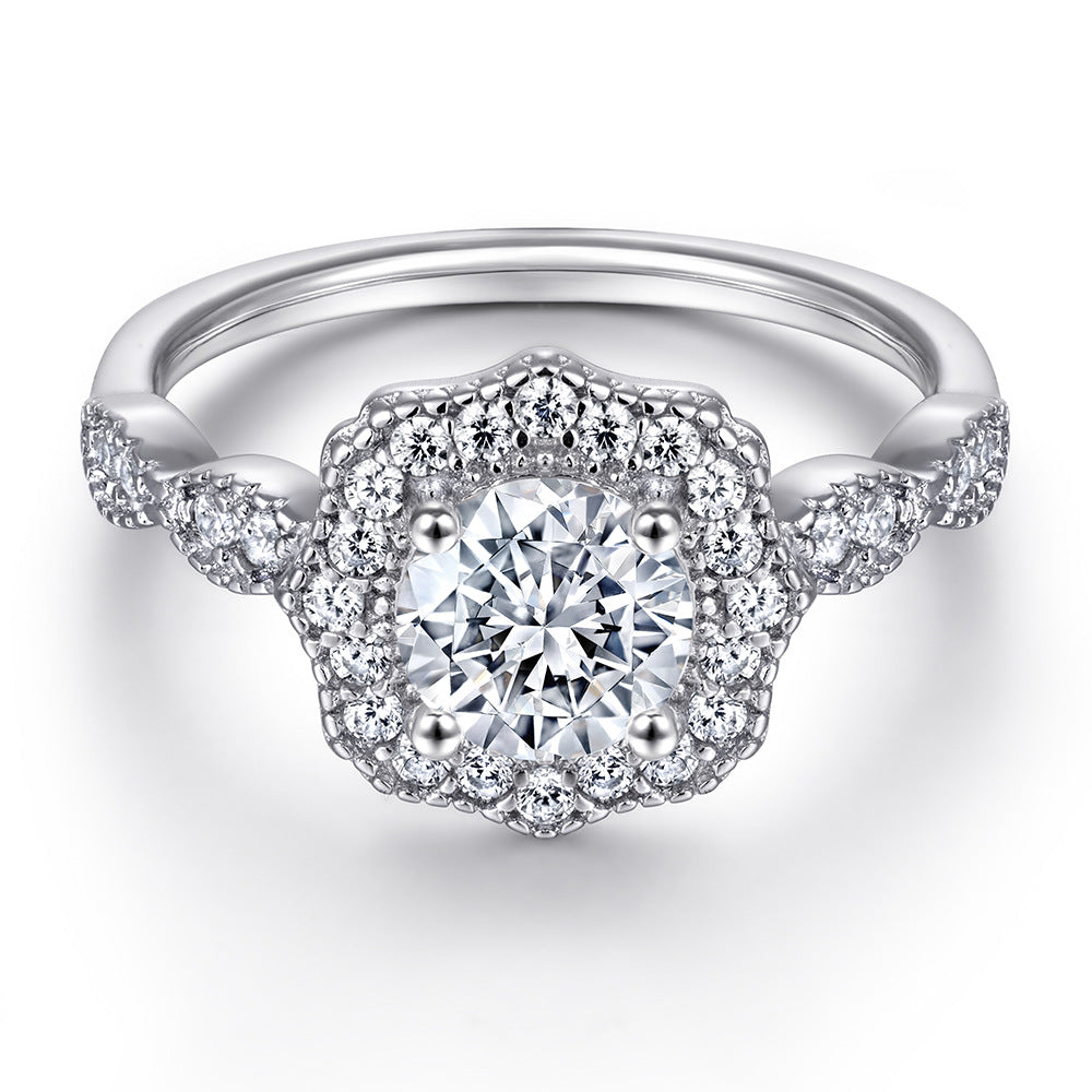 Round Zircon Flower Soleste Halo Retro Pattern Silver Ring Set