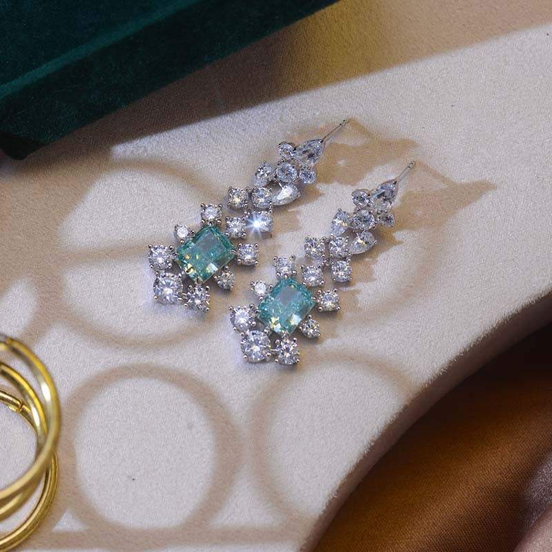 Rectangular Green Zircon Flower Tassel Drop Earrings