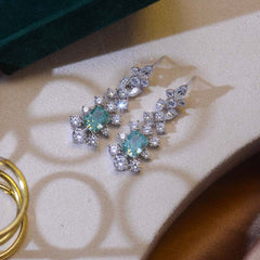Rectangular Green Zircon Flower Tassel Drop Earrings