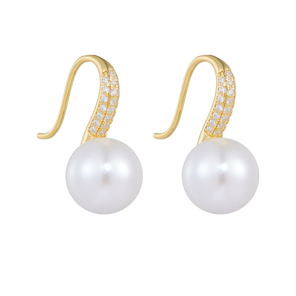 Round Pearl Zircon Sterling Silver Hook Earrings