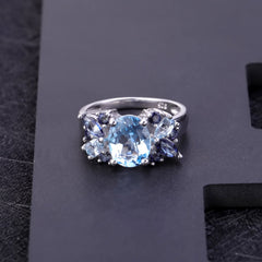 Luxury Fashion Style Group Inlaid Natural Topaz Oval Shape Silver Ring for Women