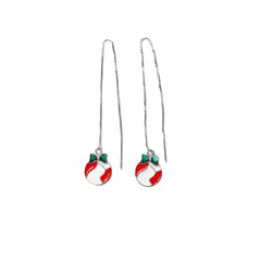 Red and White Circle with Green Bow Ear Line Silver Drop Earrings for Women