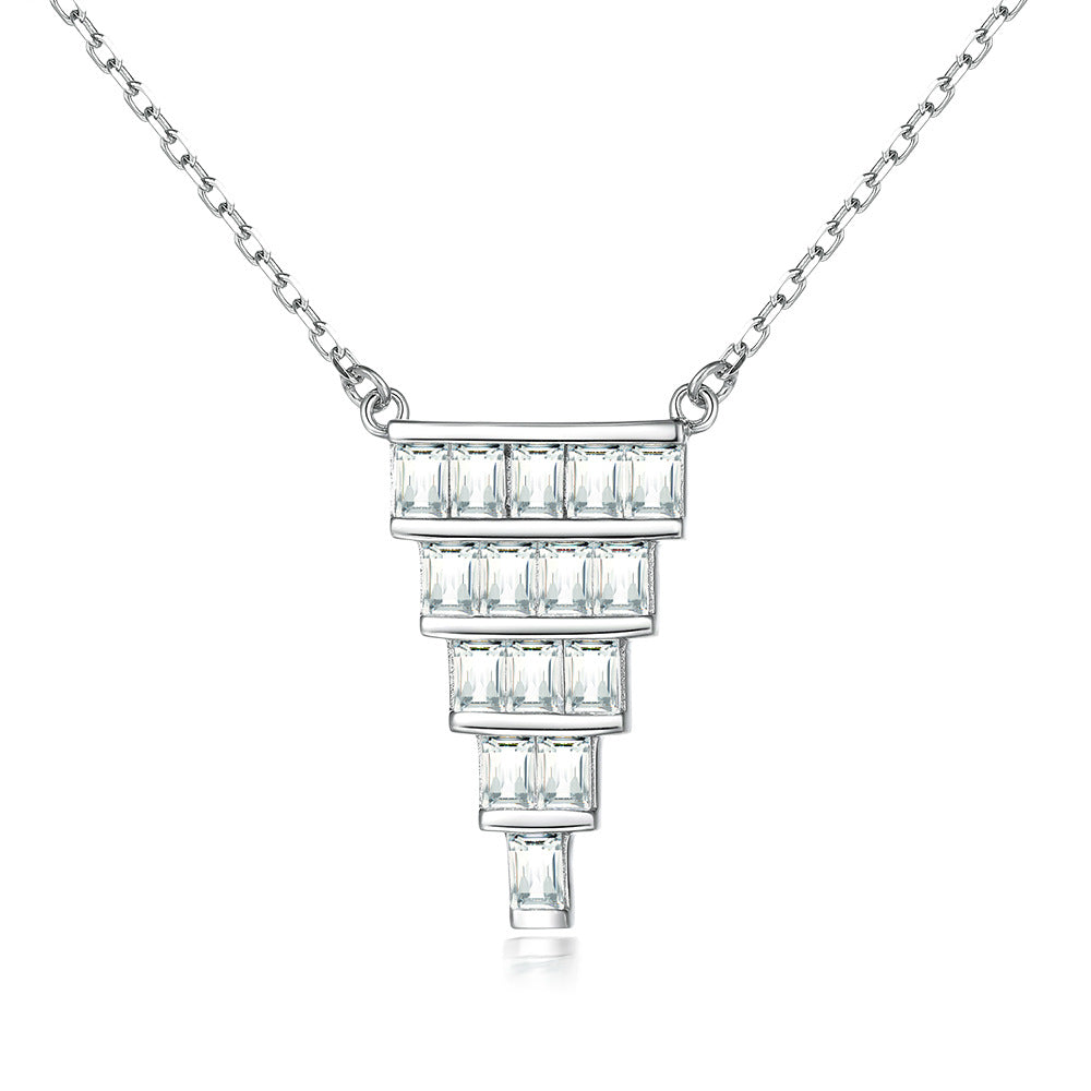 Rectangle Zircon Cake Shape Pendant Silver Necklace for Women