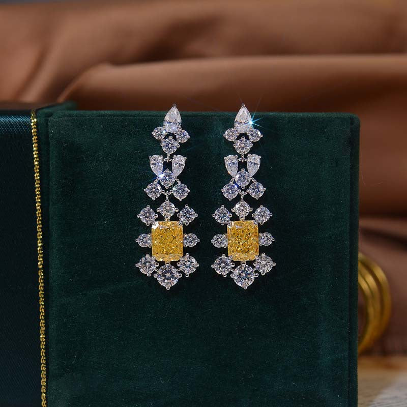 Rectangular Yellow Zircon Flower Tassel Drop Earrings