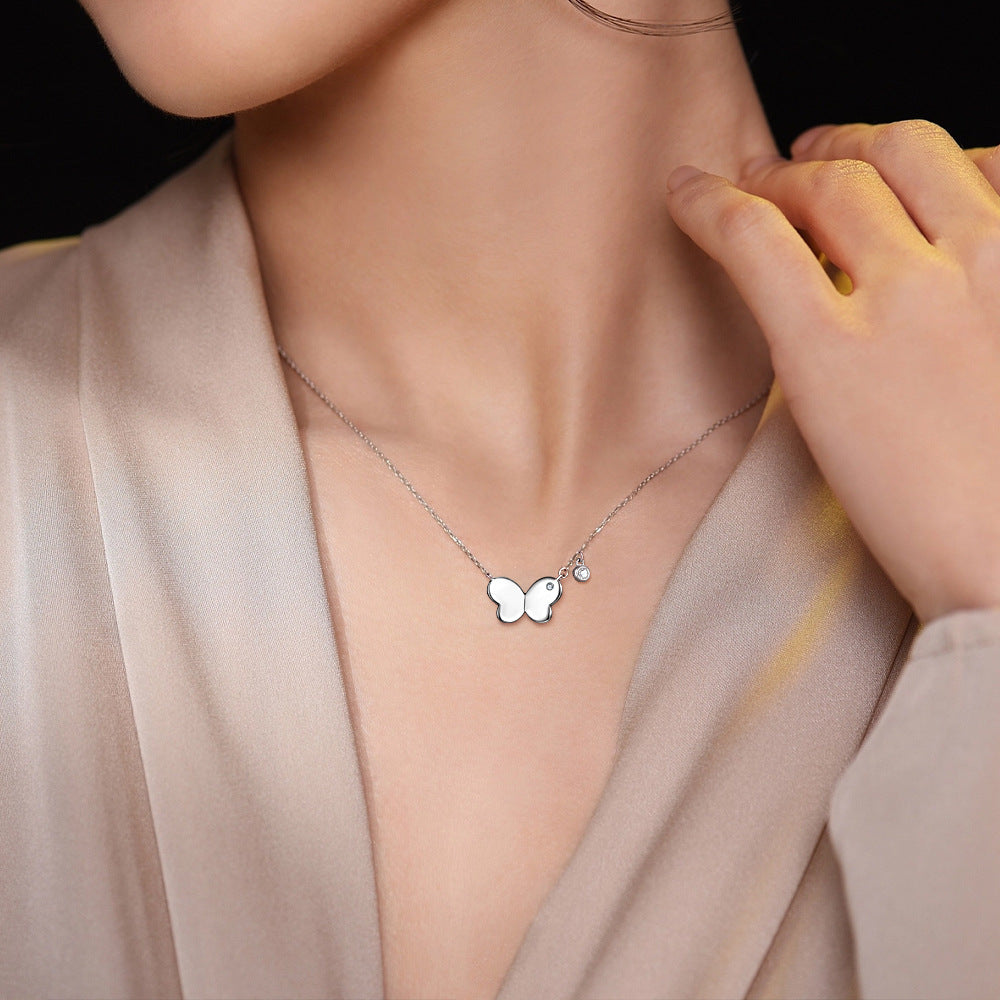 Smooth Butterfly with Zircon Pendant Silver Necklace for Women