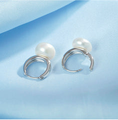 Oval Pearl Silver Hoop Earrings