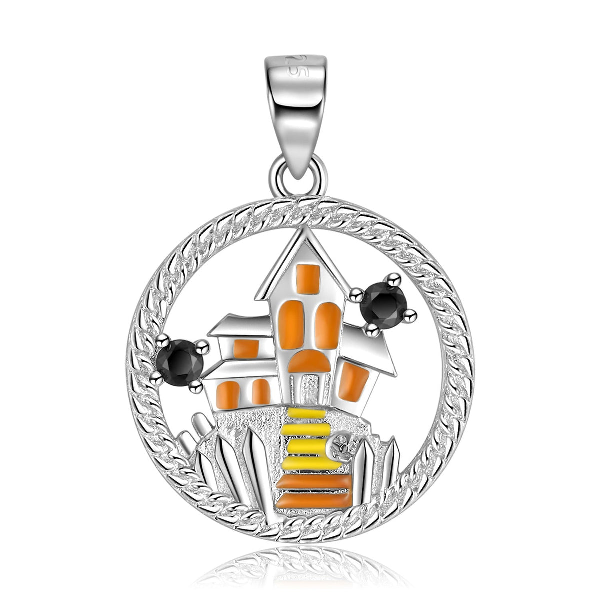 Halloween Castle Circle Pendant Silver Necklace