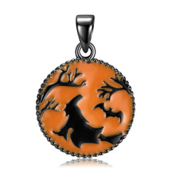 Halloween Witch Orange Round Disc Pendant Silver Necklace