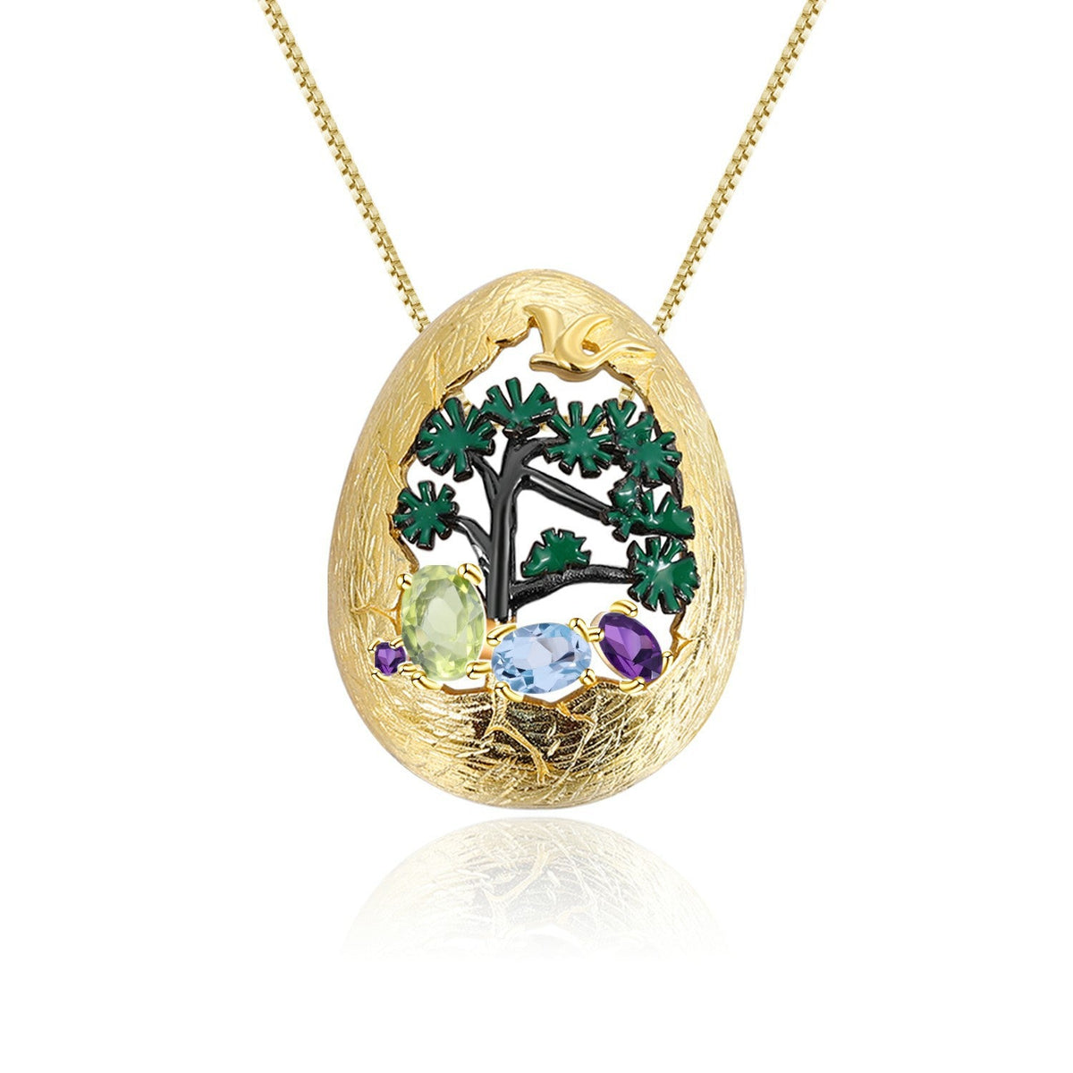 High-level Personality Natural Design Colorful Gemstone Egg Shape with Tree Pendant Silver Necklace for Women