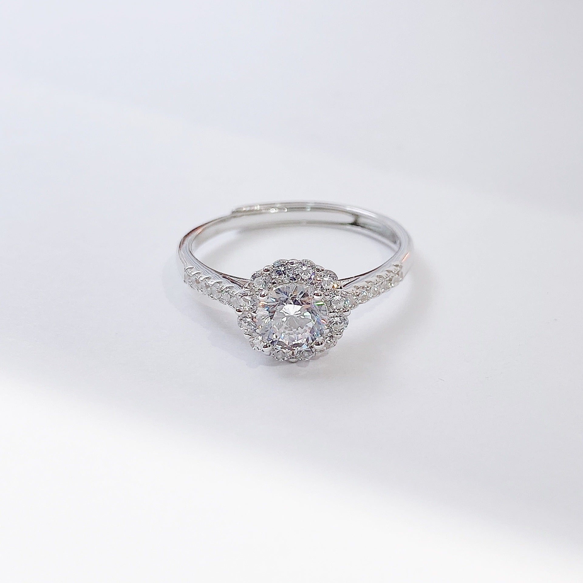 Round Zircon Flower Soleste Halo Cathedral Silver Ring