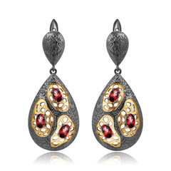 Italian Antique Style Inlaid Natural Colourful Gemstones Pear Drop Silver Earrings for Women