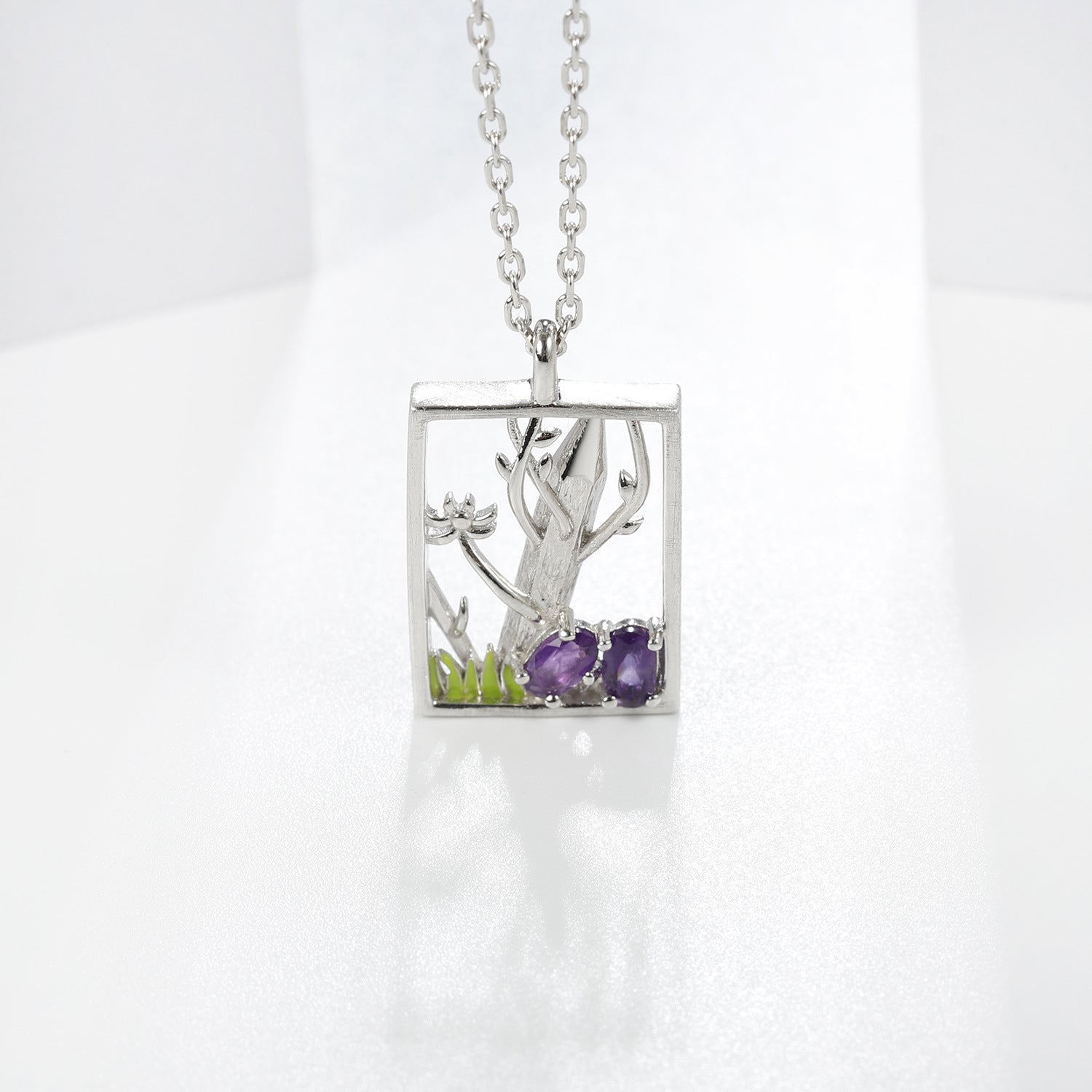 Natural Style Colourful Gemstone Rectangle with Forest Pendant Silver Necklace for Women