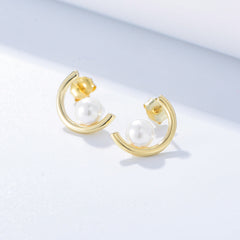 C-shaped with Pearl Silver Studs Earrings for Women