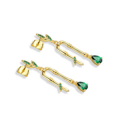 Green Zircon Bamboo Leaf Silver Drop Earrings for Women