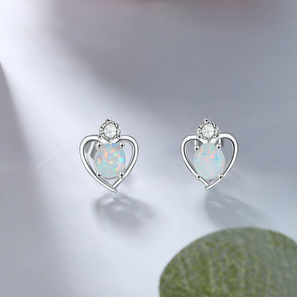 Oval Opal Small Round Zircon Heart Shape Sterling Silver Stud Earrings