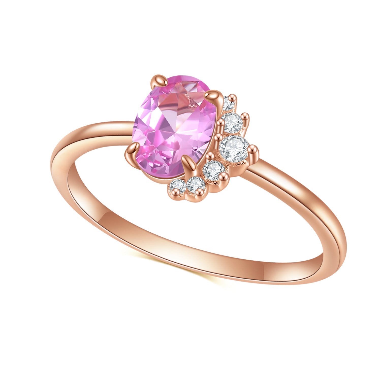 Half Circle Halo Oval Barbie Pink Corundum Silver Ring