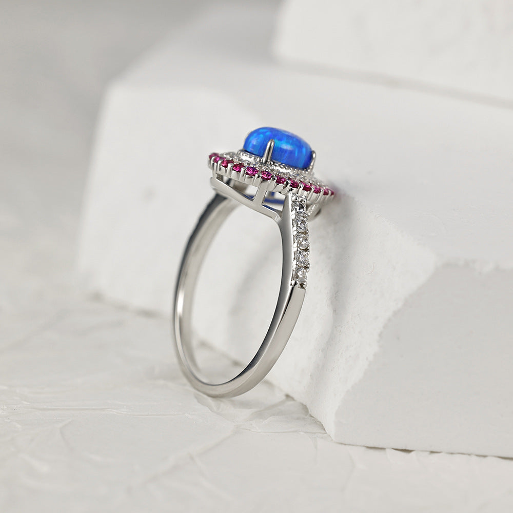 Blue Opal Stone Soleste Halo with White and Pink Zircon Silver Ring for Women