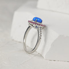 Blue Opal Stone Soleste Halo with White and Pink Zircon Silver Ring for Women