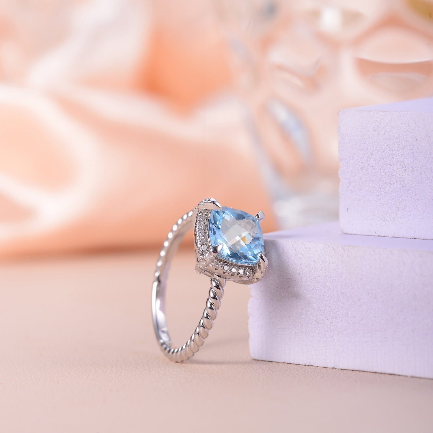 Soleste Halo Square Natural Blue Topaz Silver Ring