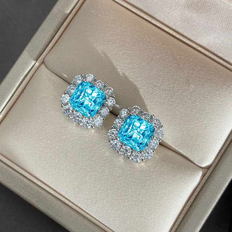 Halo Princess Cut Blue Zircon Studs