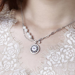 Mother-of-pearl and Zircon with Beading Pearl Circle Pendant Silver Necklace for Wome