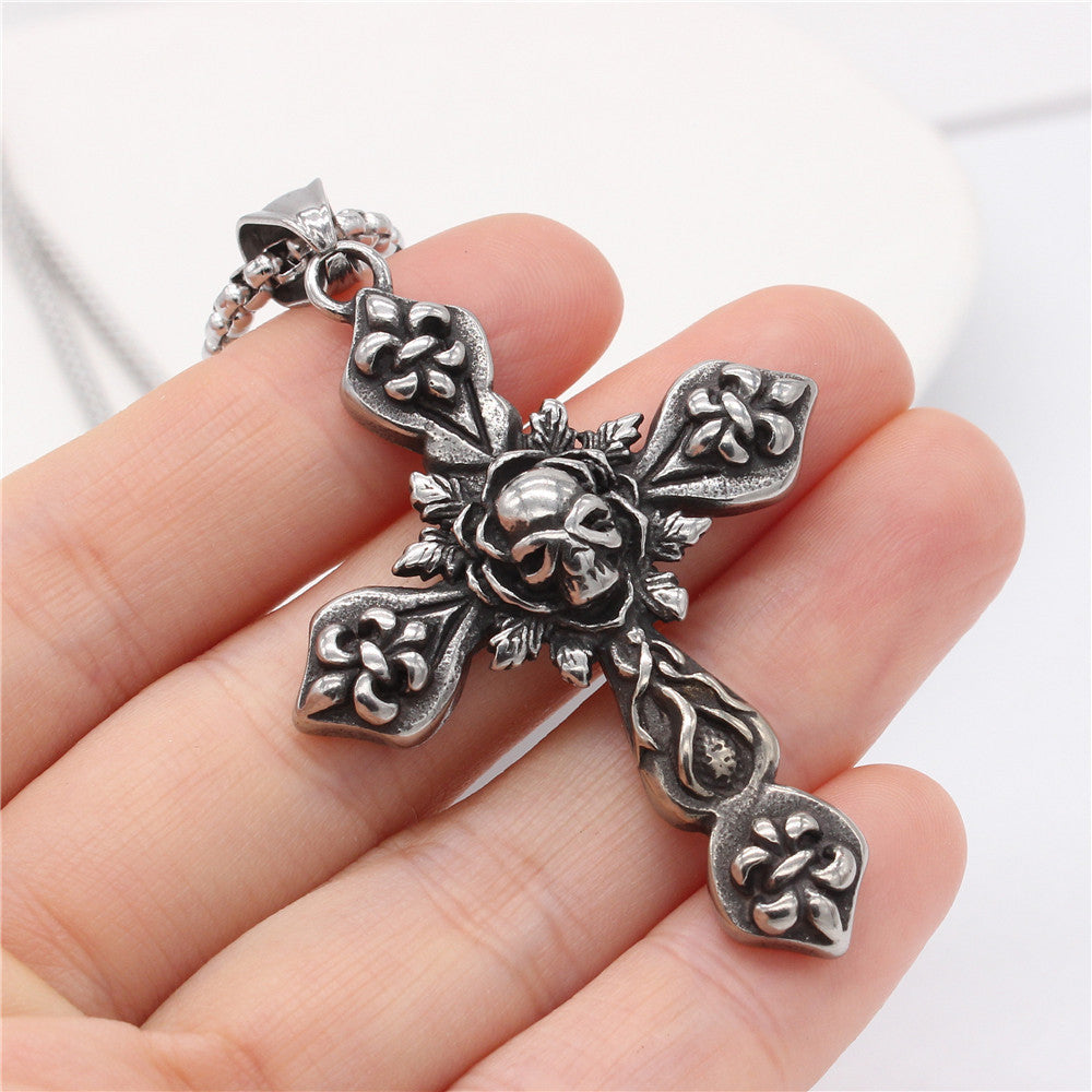 Halloween Skull Childern Flower Latin Cross Titanium Steel Pendant for Men