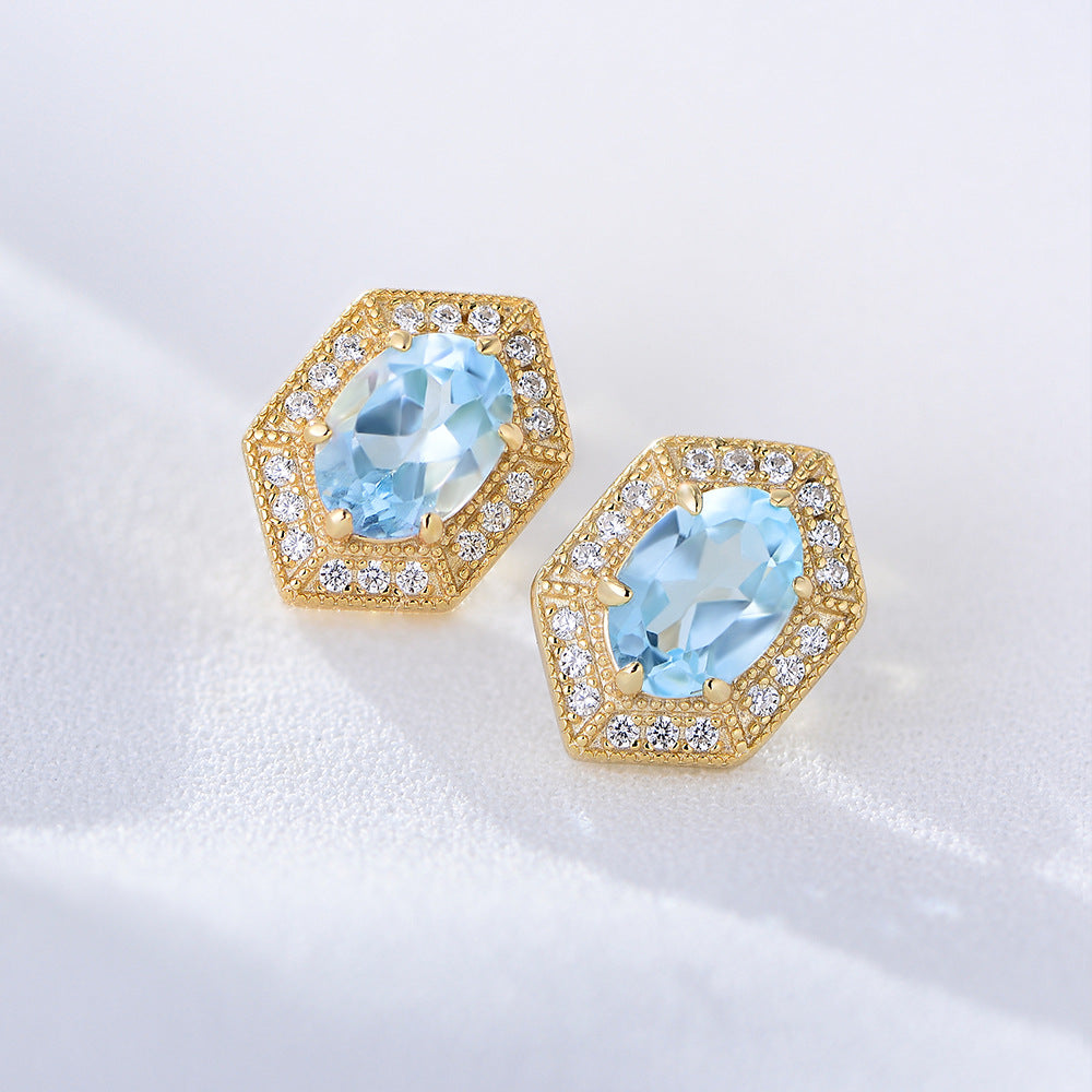 Retro Natural Blue Topaz Soleste Halo Silver Studs Earrings for Women