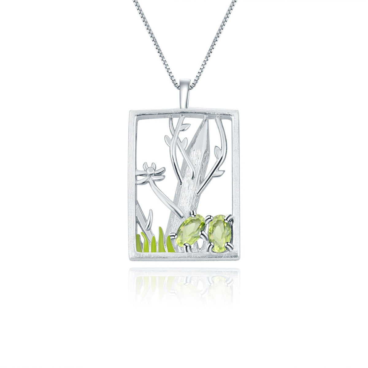 Natural Style Colourful Gemstone Rectangle with Forest Pendant Silver Necklace for Women