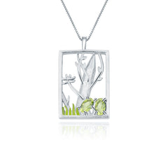 Natural Style Colourful Gemstone Rectangle with Forest Pendant Silver Necklace for Women