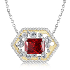 Sandblasted Geometric Hexagon Pendant Rectangle Red Zircon Silver Necklace