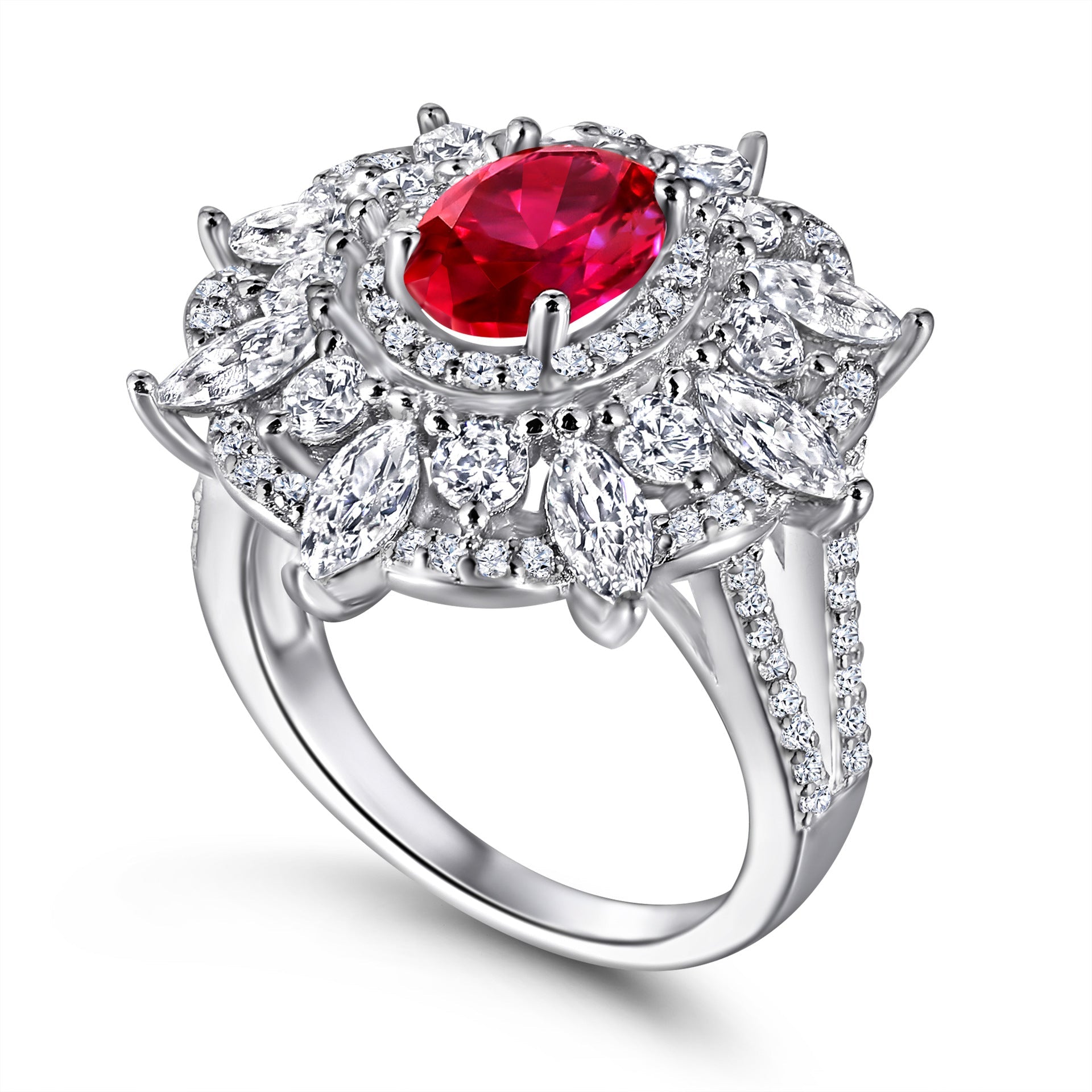 (1.5CT) Ice Cut Red Zircon Sumptuous Flower Silver Ring for Women