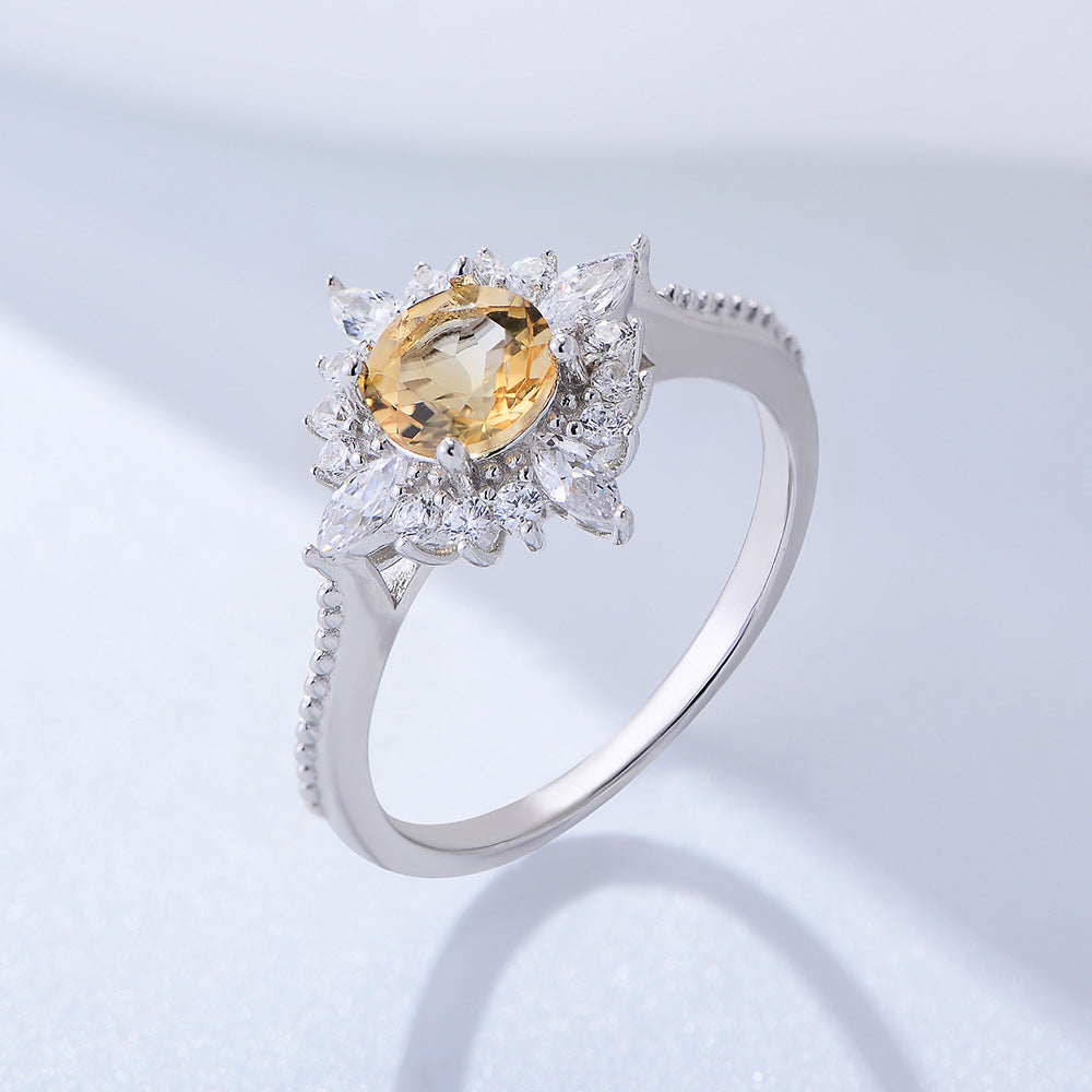 Yellow Crystal Sun Shape Halo Sterling Silver Ring