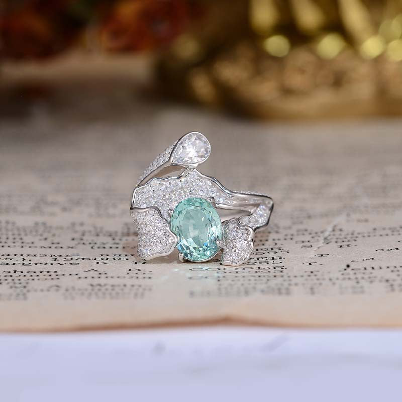 Oval Cut Green Zircon Waves Silver Ring