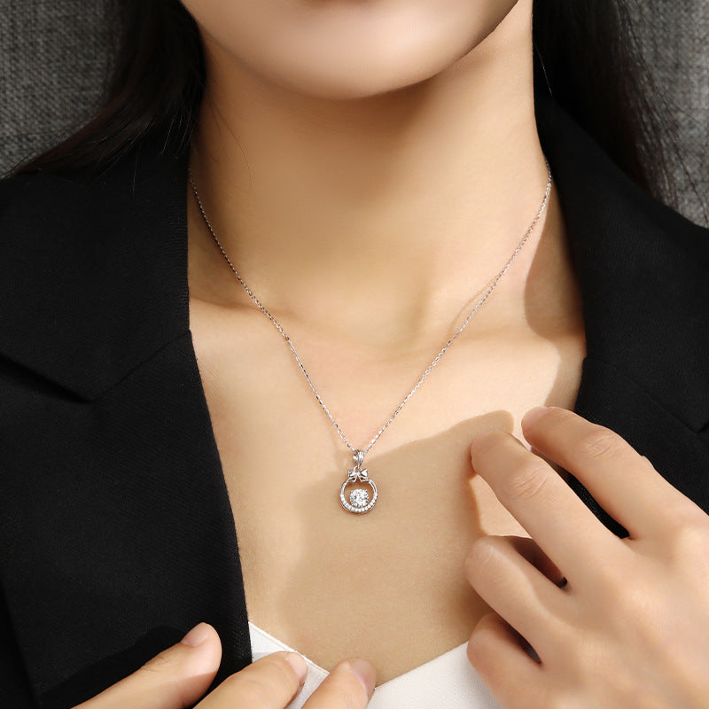 Round Zircon Hollow Circle with Bow Pendant Silver Necklace for Women