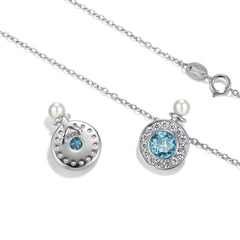 Pearl and Round Blue Zircon Bottle Shape Pendant Silver Necklace